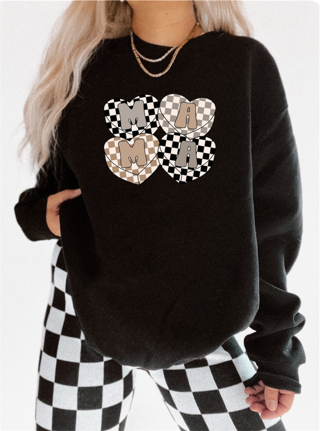 MAMA HEARTS CHECKERED crew