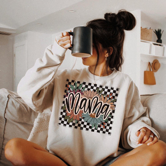 MAMA FLORAL CHECKERED crew